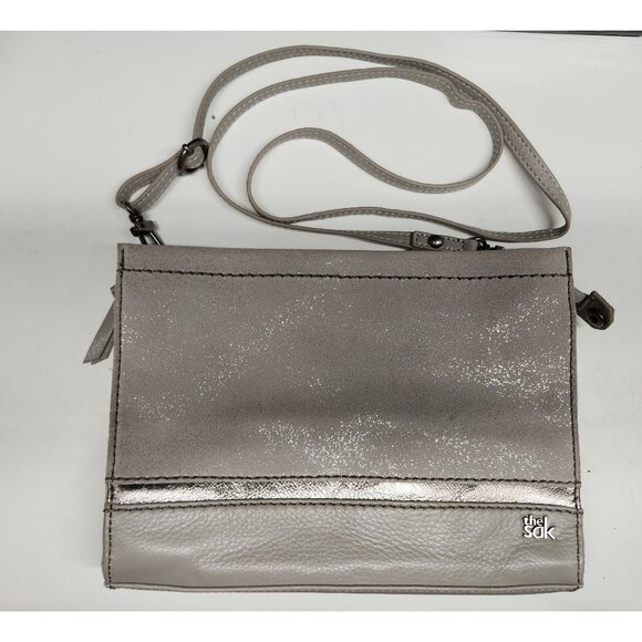 The Sak Leather Gray Sparkly Purse 10x7.5" Shoulder Crossbody Bag Grey Shimmer - Picture 1 of 16